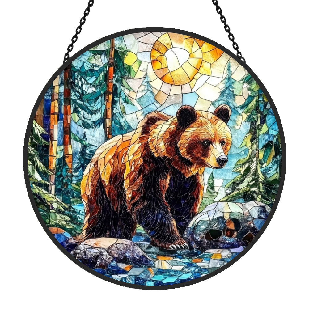 Bears and Mountain Forest Sun Catcher Decoration Stained Glass Window Hanging