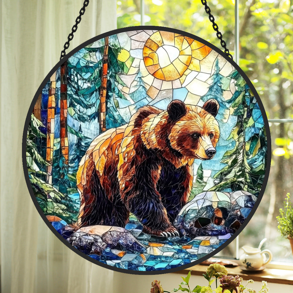 Bears and Mountain Forest Sun Catcher Decoration Stained Glass Window Hanging
