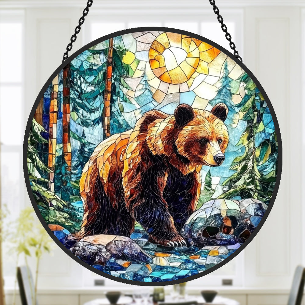 Bears and Mountain Forest Sun Catcher Decoration Stained Glass Window Hanging