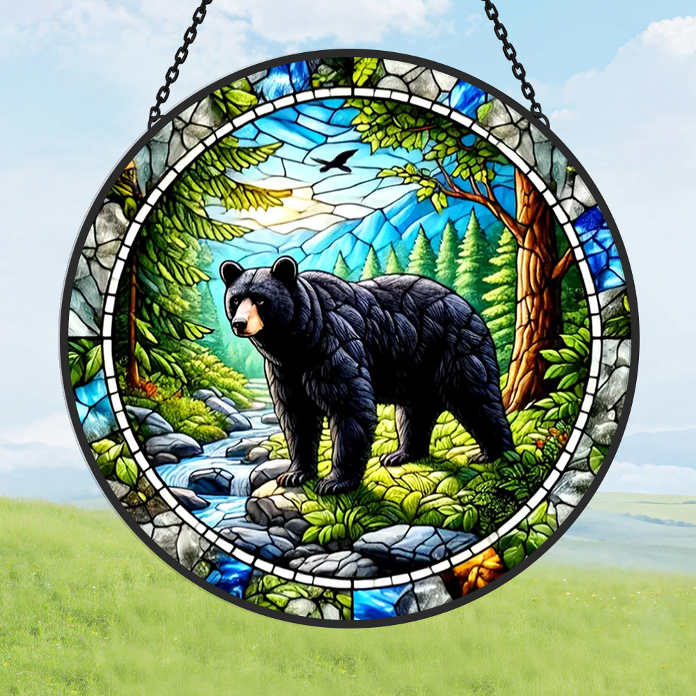 Black Bear by the Stream Sun Catcher Decoration Stained Glass Window Hanging