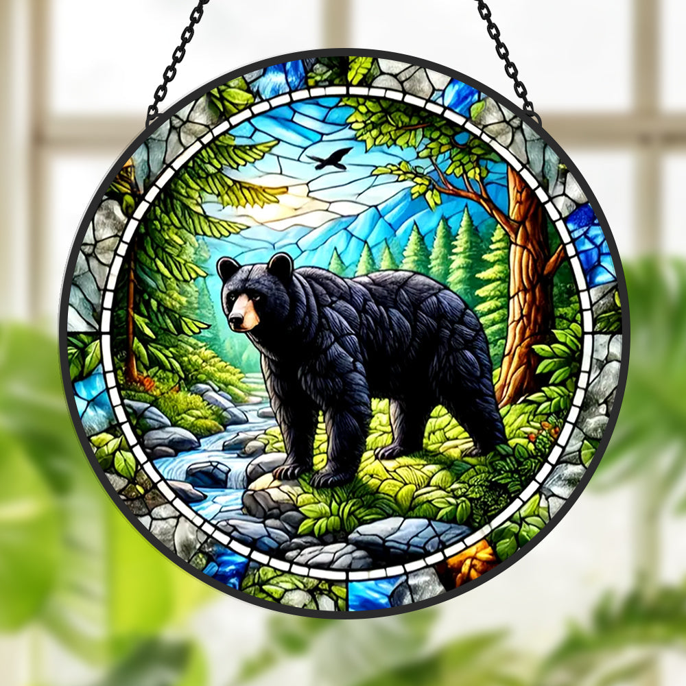 Black Bear by the Stream Sun Catcher Decoration Stained Glass Window Hanging