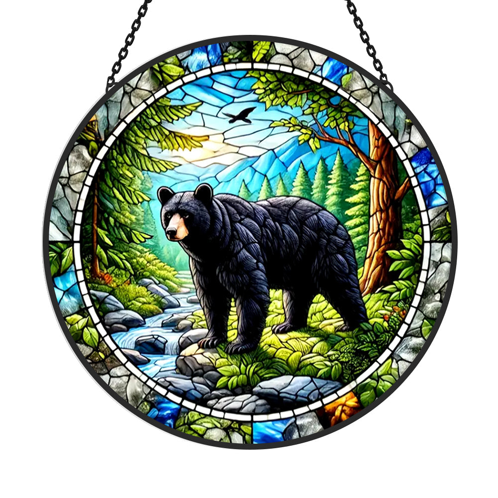 Black Bear by the Stream Sun Catcher Decoration Stained Glass Window Hanging