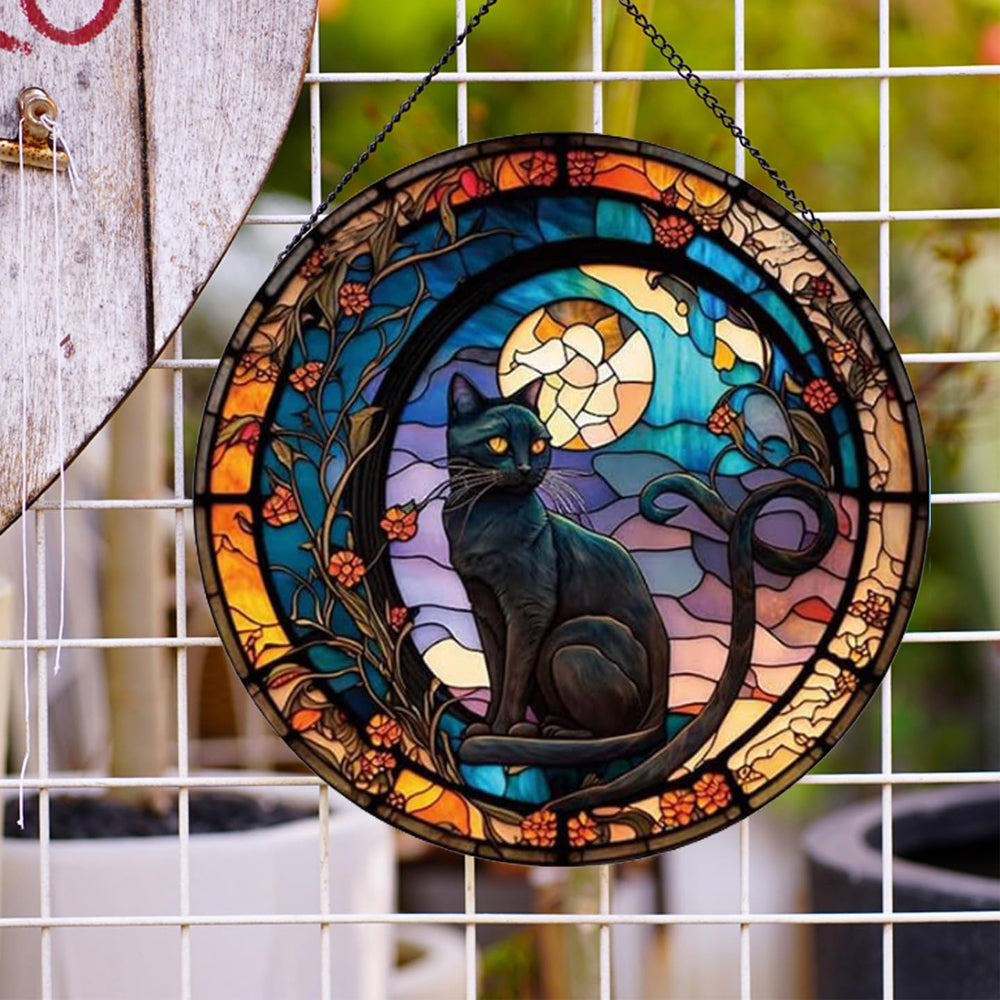 Black Cat Sun Catcher Decoration Stained Glass Window Hanging