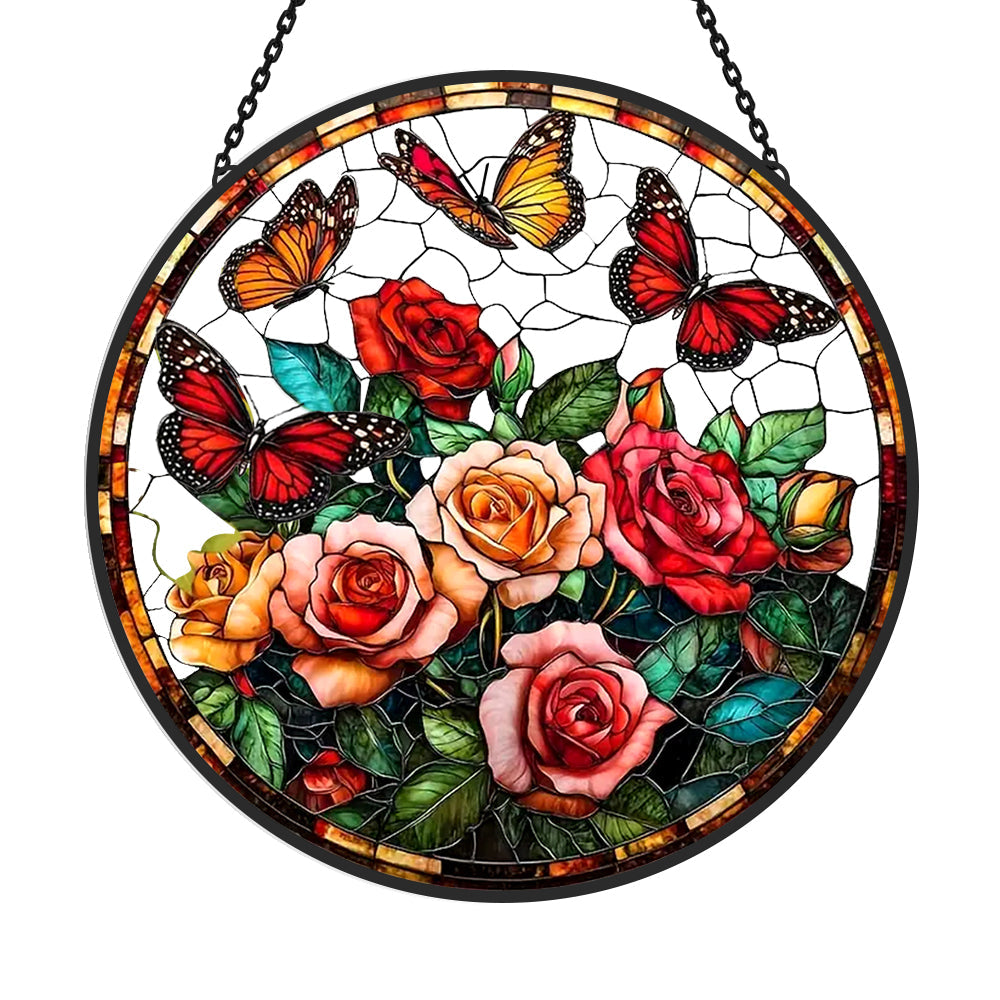 Blooming Roses and Butterflies Sun Catcher Decoration Stained Glass Window Hanging