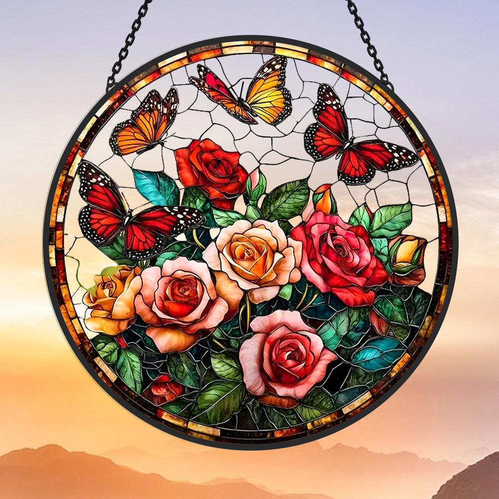 Blooming Roses and Butterflies Sun Catcher Decoration Stained Glass Window Hanging