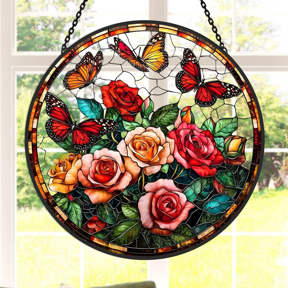 Blooming Roses and Butterflies Sun Catcher Decoration Stained Glass Window Hanging