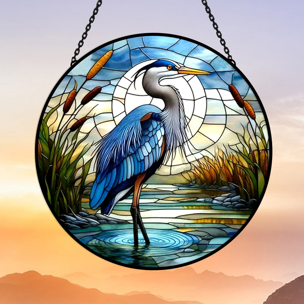 Blue Heron Sun Catcher Decoration Stained Glass Window Hanging