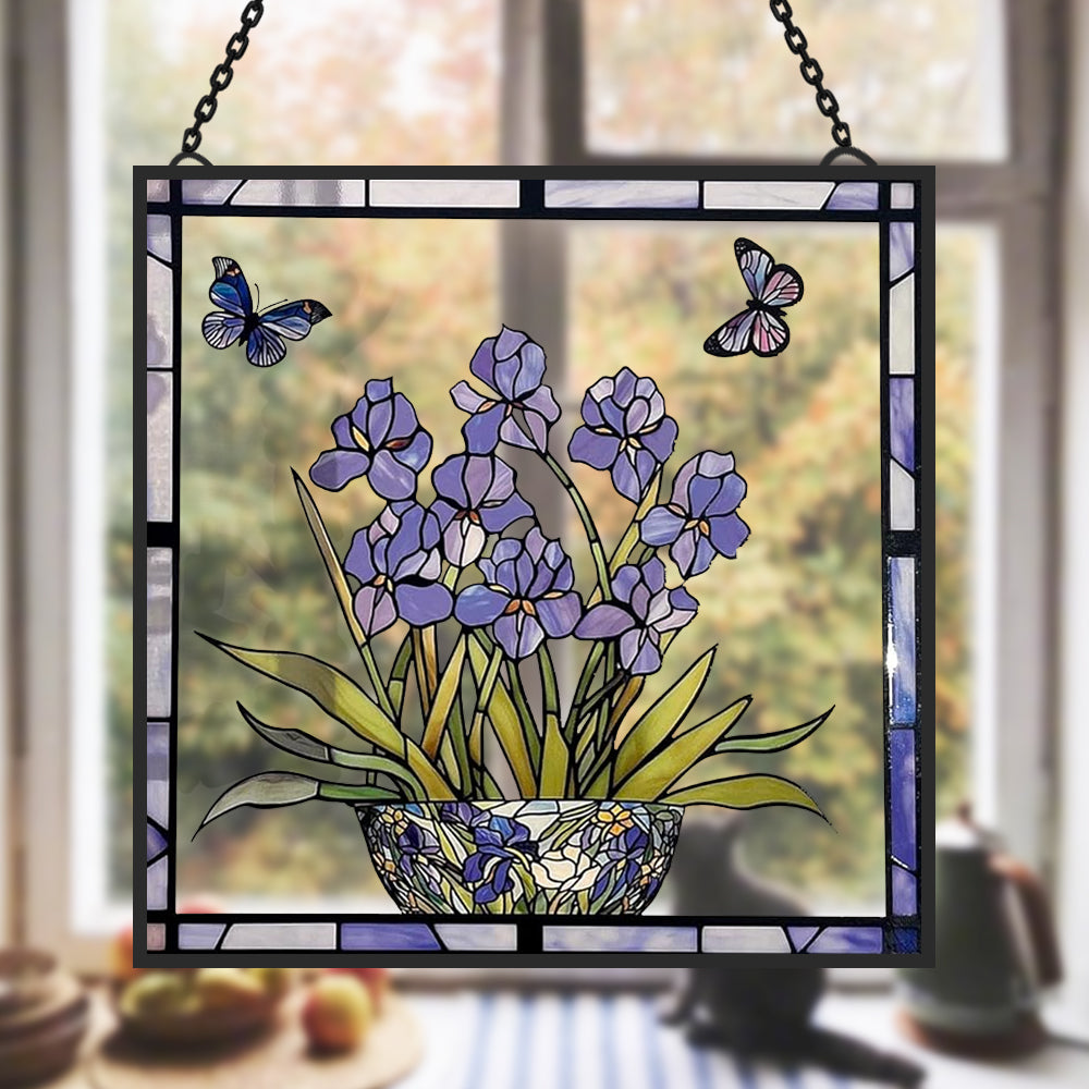 Blue Iris and Butterfly Sun Catcher Decoration Stained Glass Window Hanging