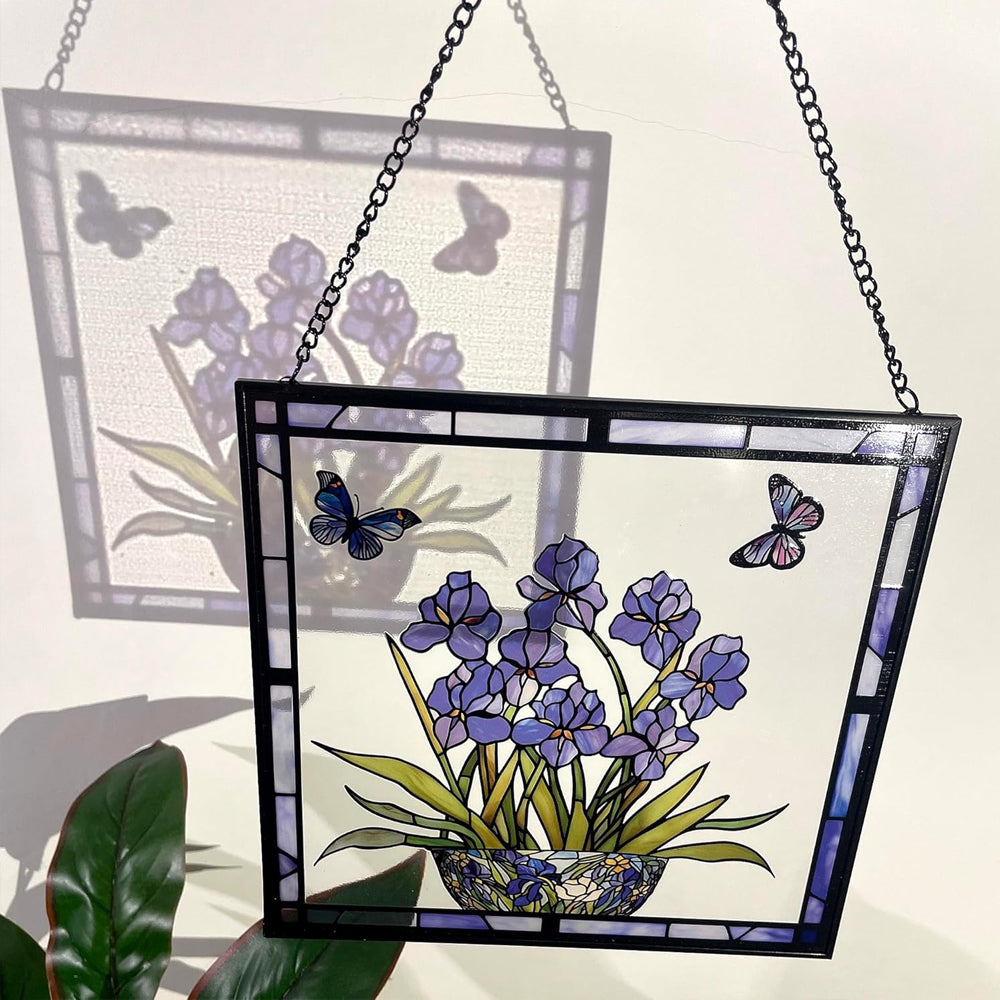 Blue Iris and Butterfly Sun Catcher Decoration Stained Glass Window Hanging