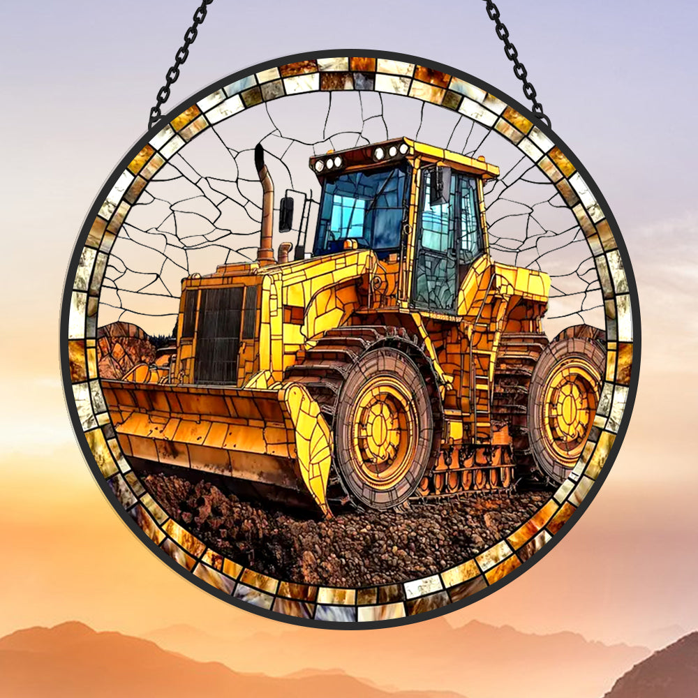 Bulldozer Sun Catcher Decoration Stained Glass Window Hanging