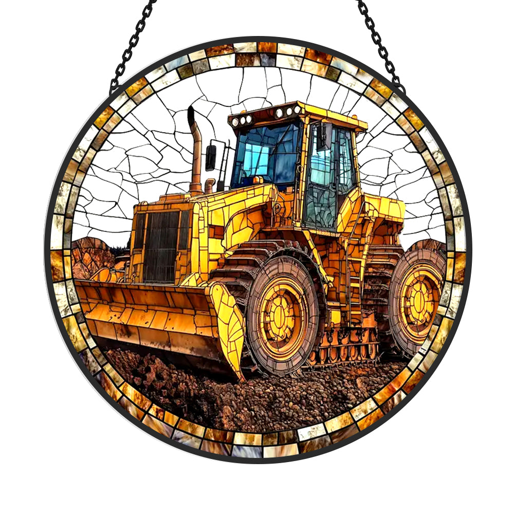 Bulldozer Sun Catcher Decoration Stained Glass Window Hanging