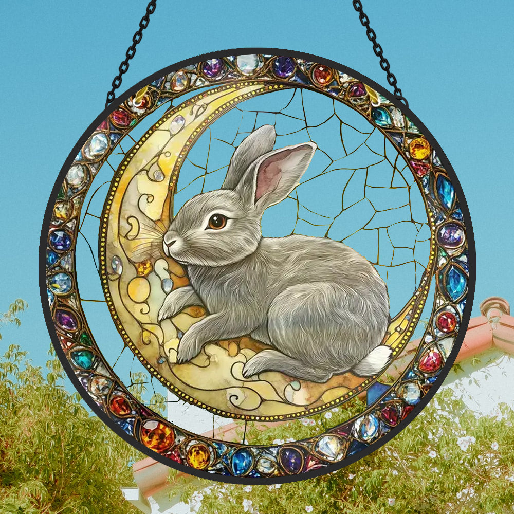 Bunny and Moon Sun Catcher Decoration Stained Glass Window Hanging