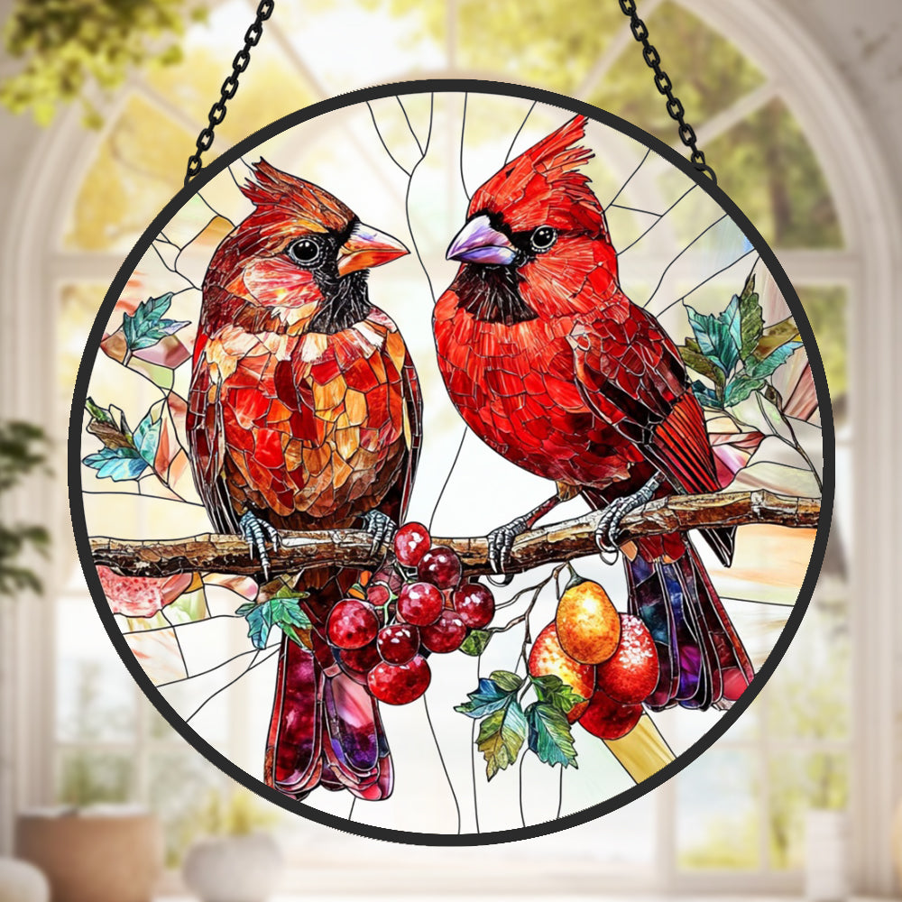 Cardinals Sun Catcher Decoration Stained Glass Window Hanging