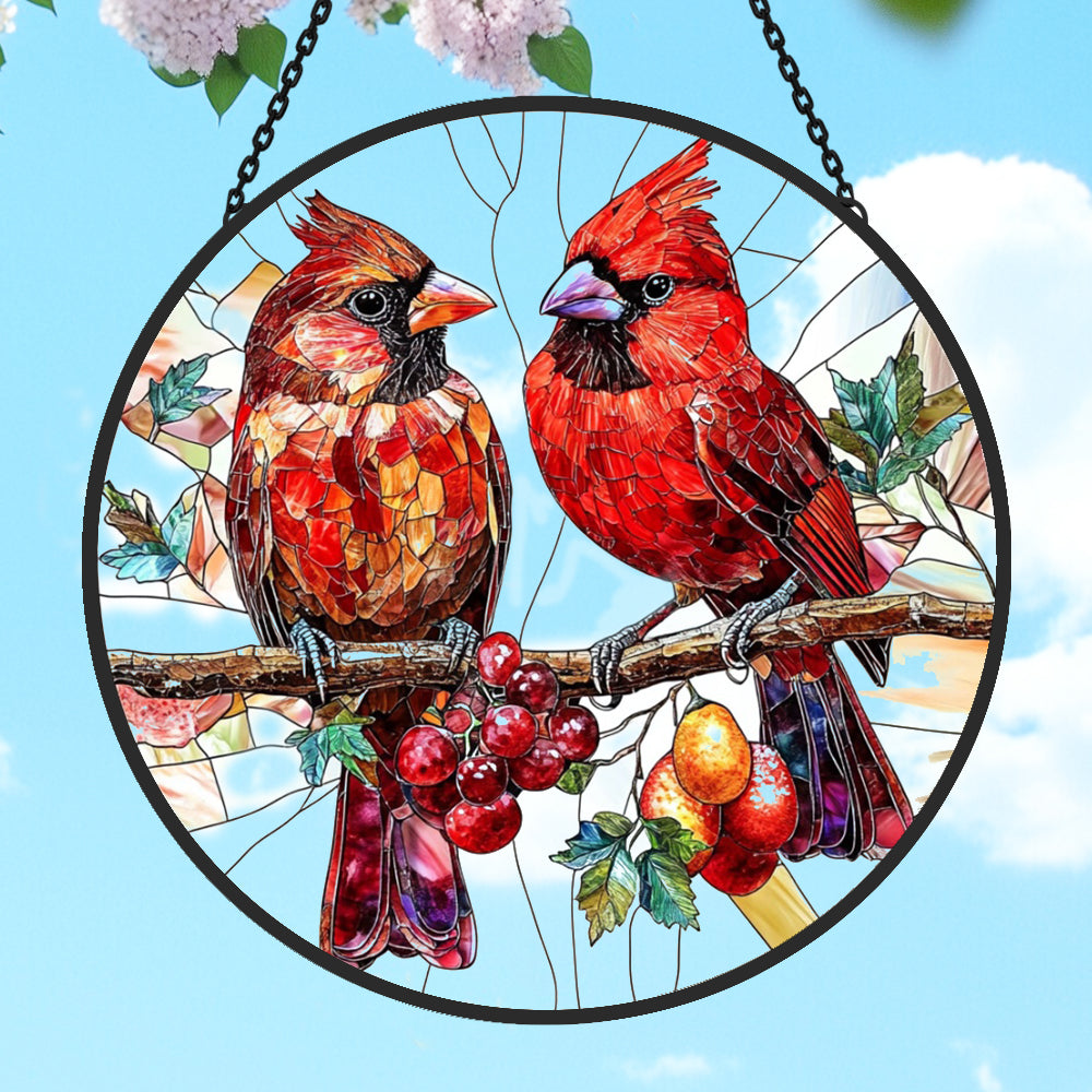 Cardinals Sun Catcher Decoration Stained Glass Window Hanging