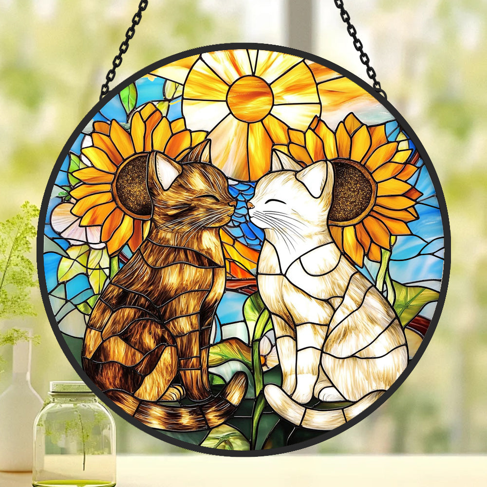 Cat and Flowers Sun Catcher Decoration Stained Glass Window Hanging