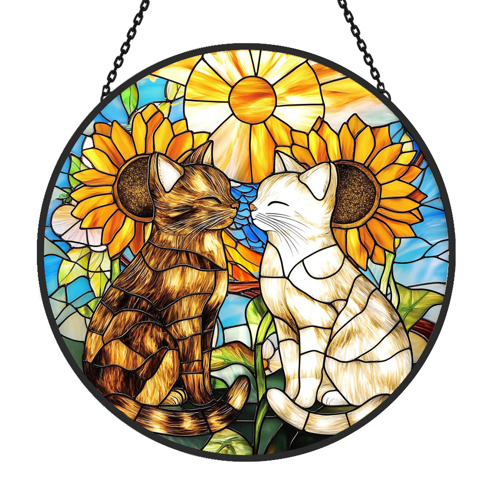 Cat and Flowers Sun Catcher Decoration Stained Glass Window Hanging