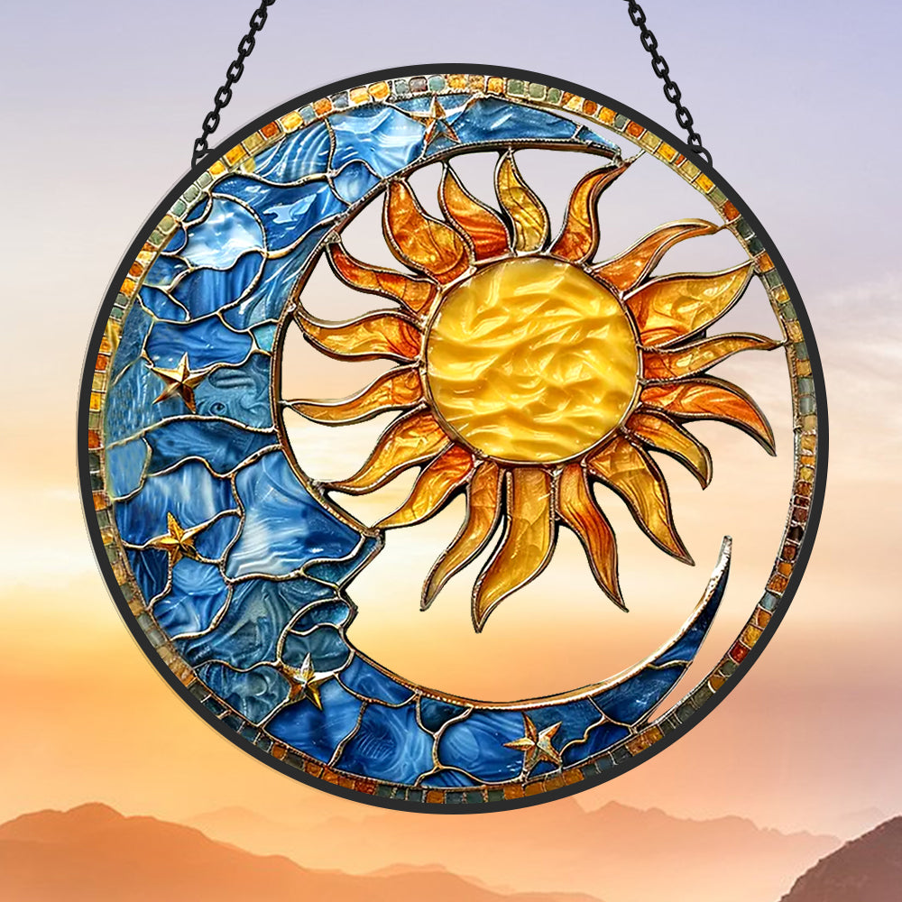 Celestial Sun and Moon Sun Catcher Decoration Stained Glass Window Hanging