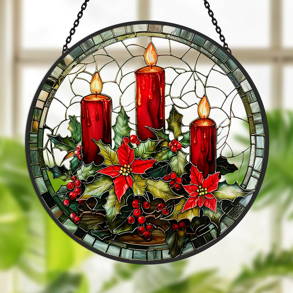 Christmas Candle Sun Catcher Decoration Stained Glass Window Hanging