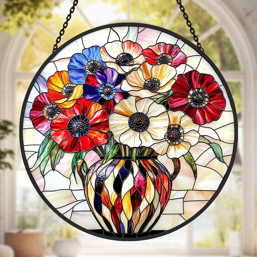 Colorful Poppy Sun Catcher Decoration Stained Glass Window Hanging