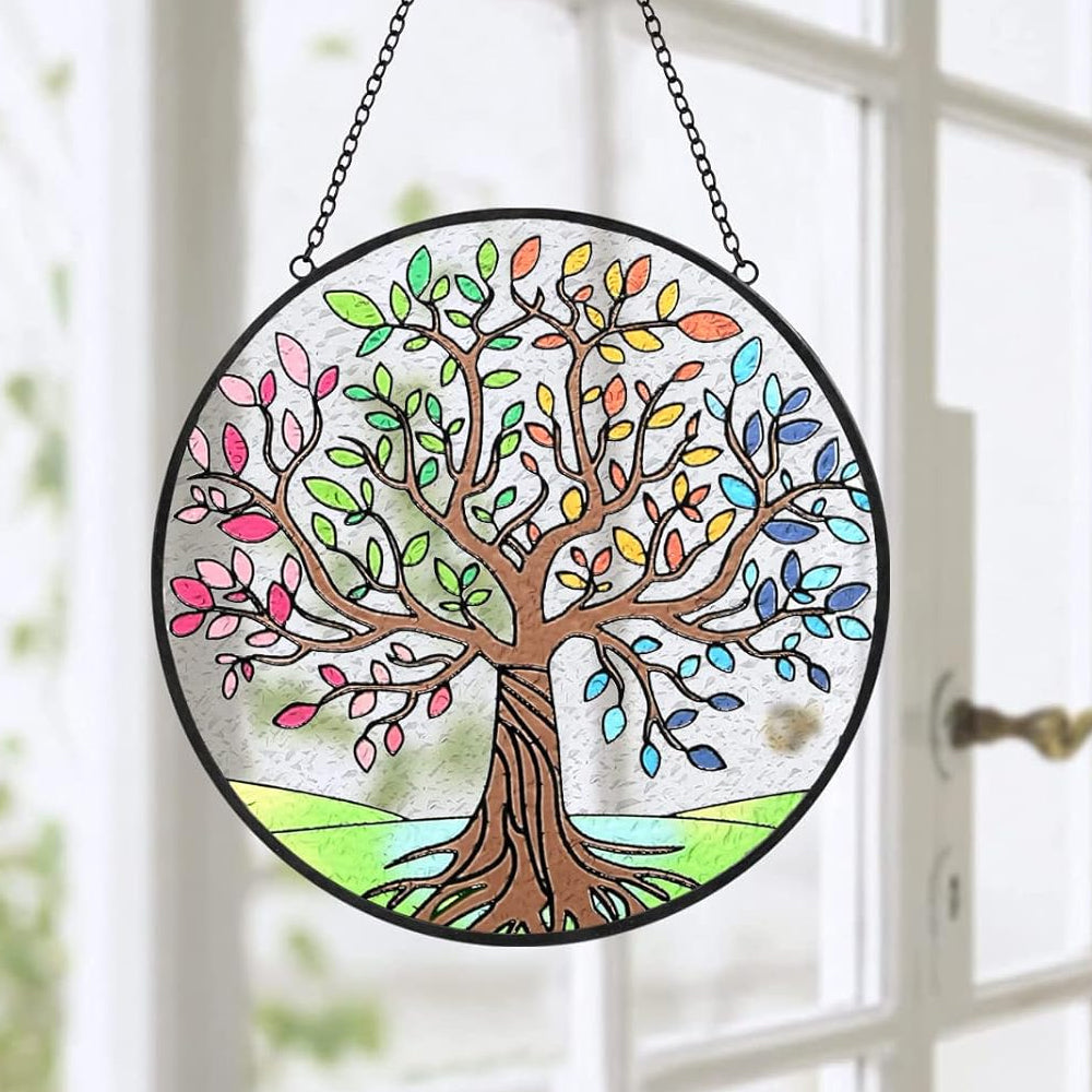Colorful Tree of Life Sun Catcher Decoration Stained Glass Window Hanging
