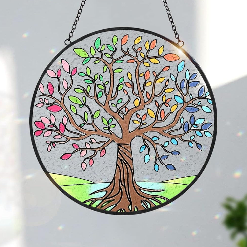 Colorful Tree of Life Sun Catcher Decoration Stained Glass Window Hanging