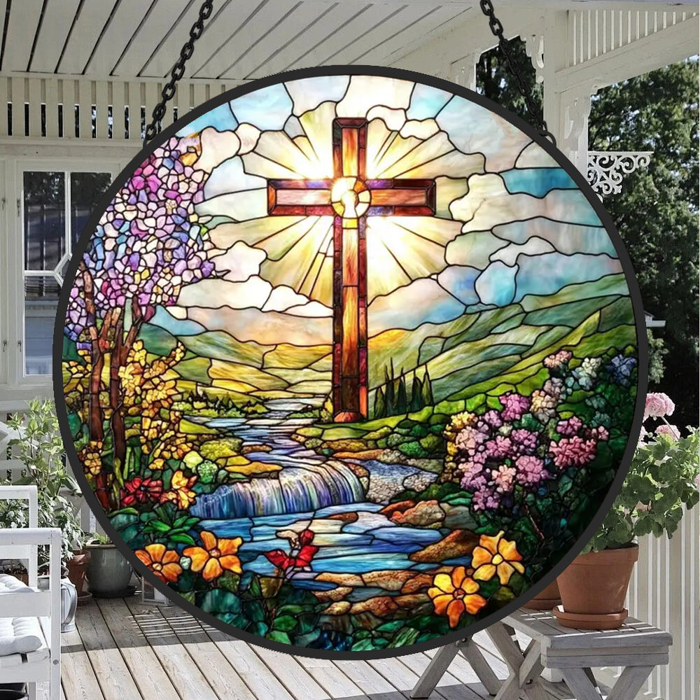Cross & River Sun Catcher Decoration Stained Glass Window Hanging