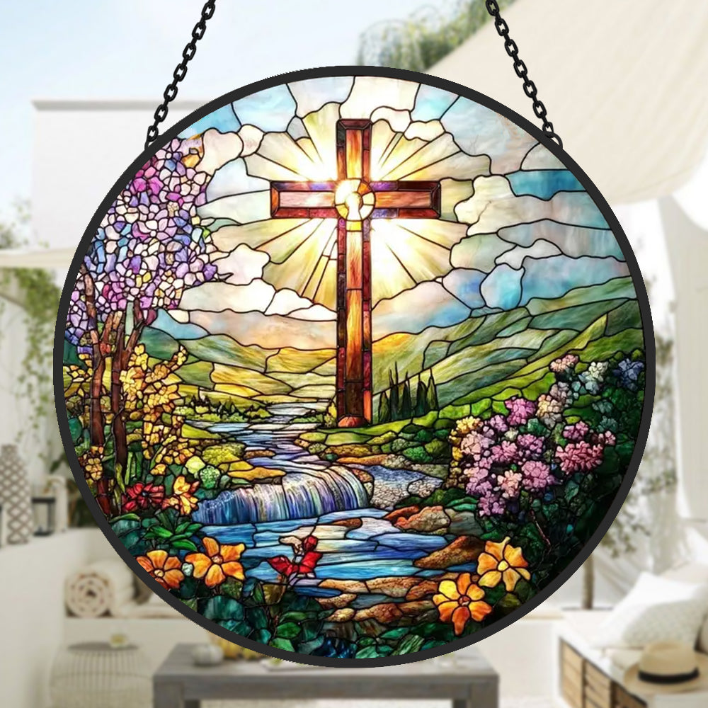 Cross & River Sun Catcher Decoration Stained Glass Window Hanging