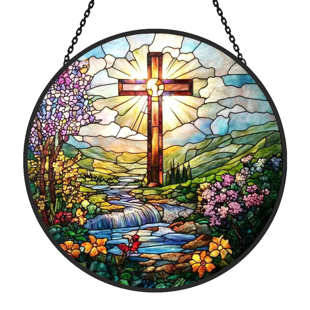 Cross & River Sun Catcher Decoration Stained Glass Window Hanging