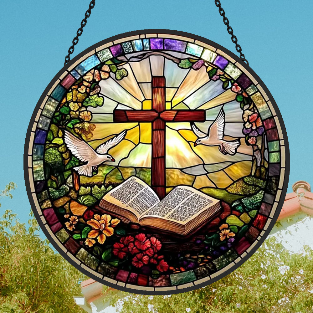Cross and Dove Sun Catcher Decoration Stained Glass Window Hanging