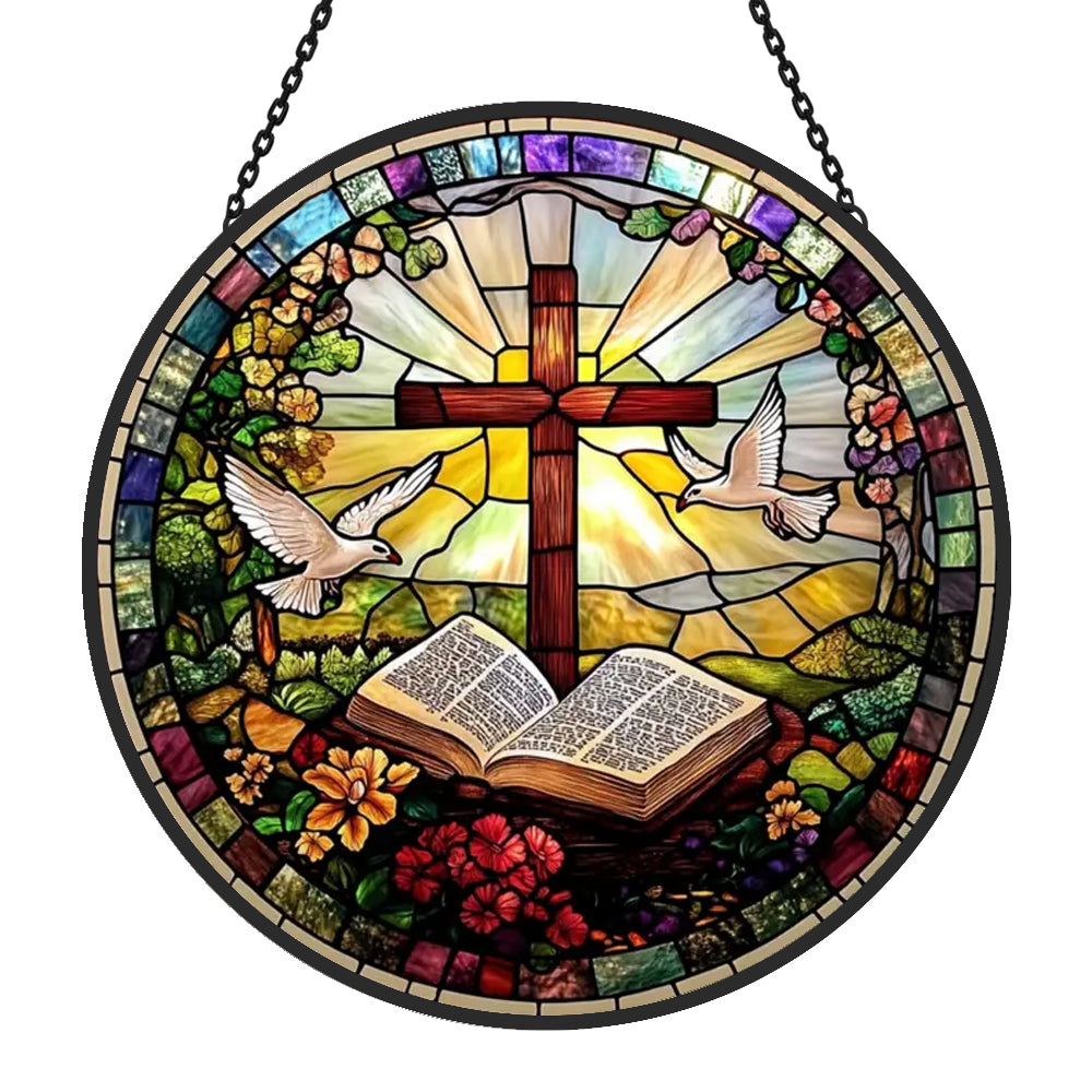 Cross and Dove Sun Catcher Decoration Stained Glass Window Hanging