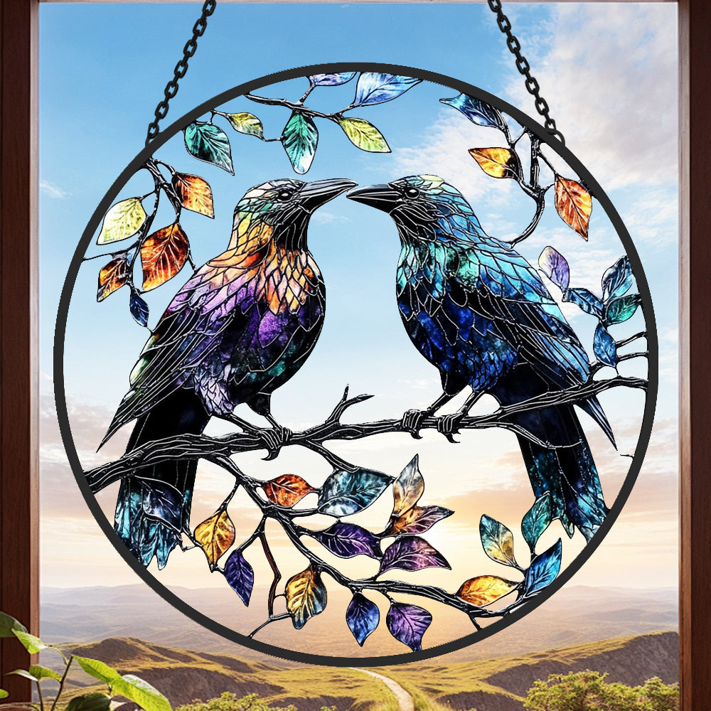 Crow Sun Catcher Decoration Stained Glass Window Hanging