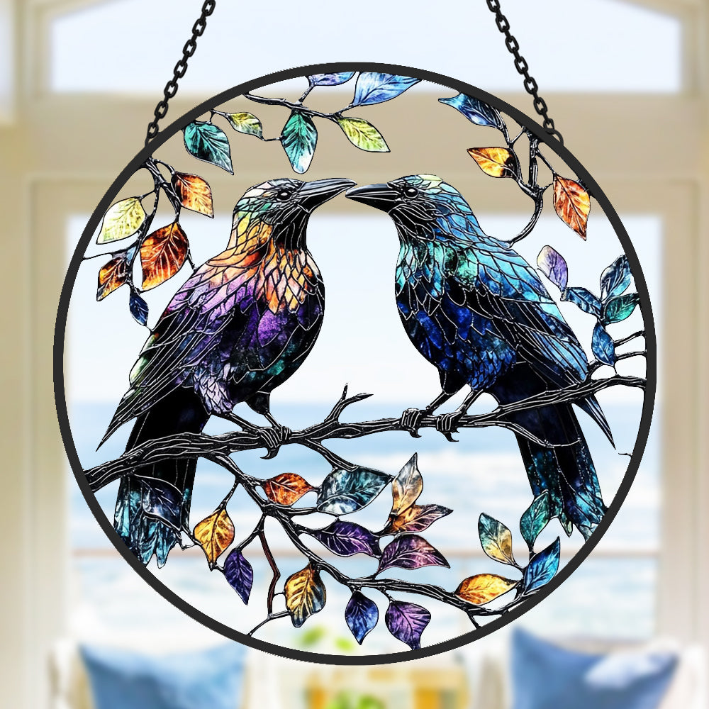 Crow Sun Catcher Decoration Stained Glass Window Hanging