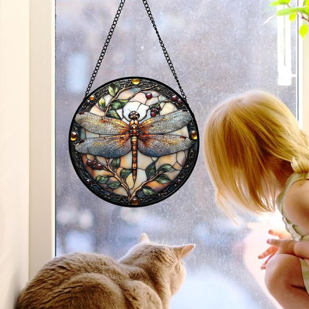 Dragonfly Plant Sun Catcher Decoration Stained Glass Window Hanging