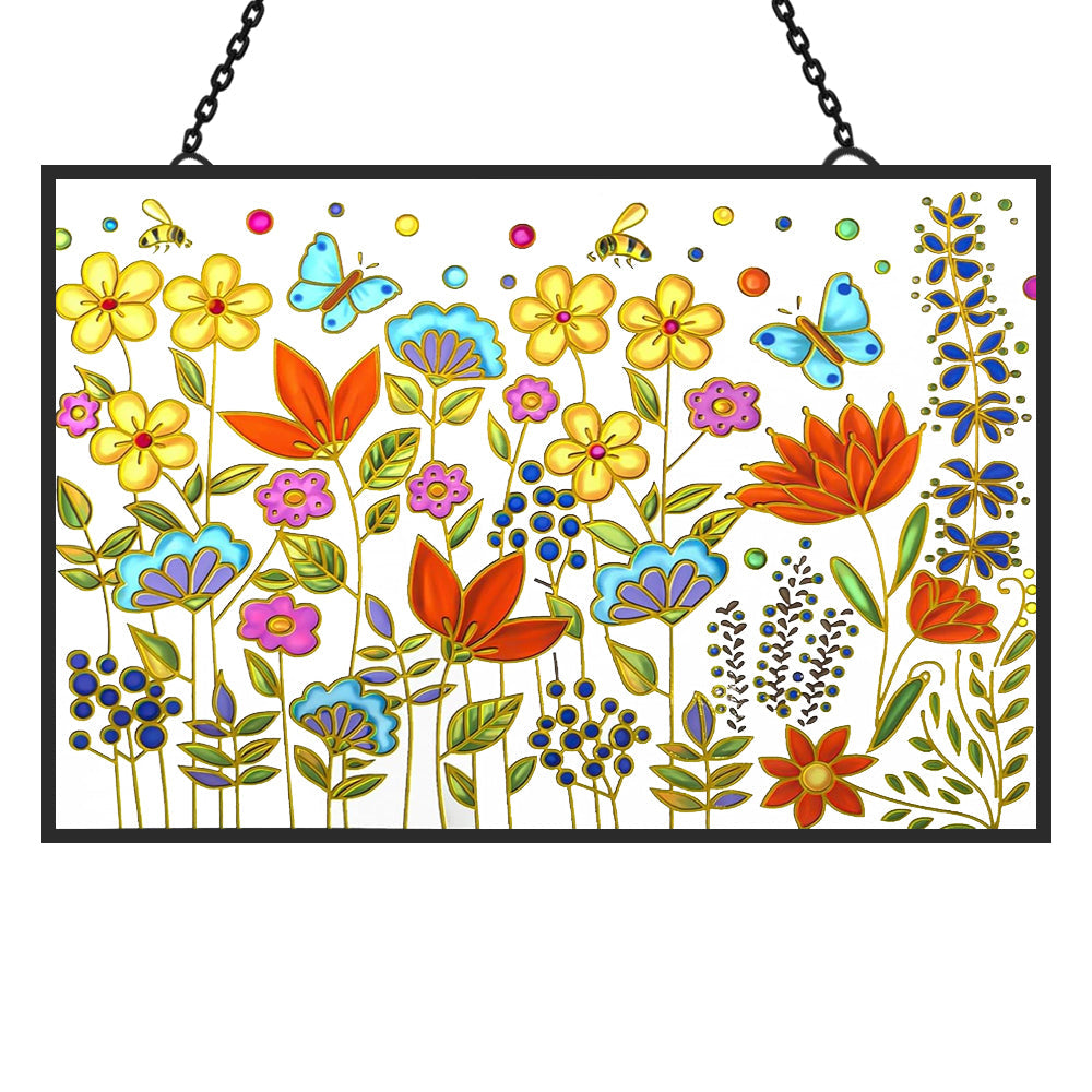 Flowers and Butterflies Sun Catcher Decoration Stained Glass Window Hanging