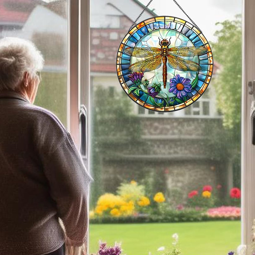 Flowers Dragonfly Sun Catcher Decoration Stained Glass Window Hanging