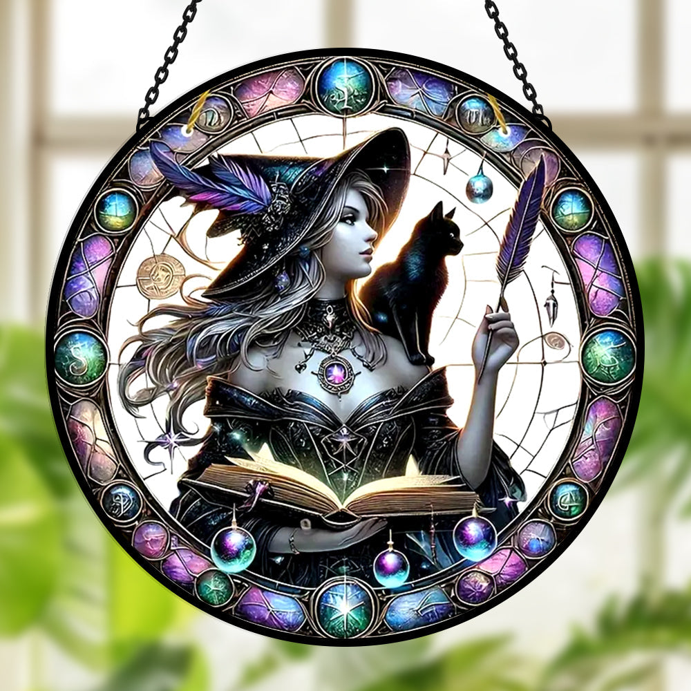 Halloween Witch and Black Cat Sun Catcher Decoration Stained Glass Window Hanging