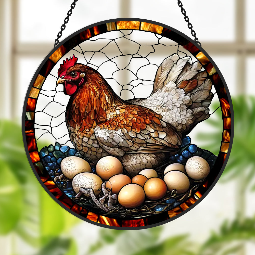 Hen and Eggs Sun Catcher Decoration Stained Glass Window Hanging