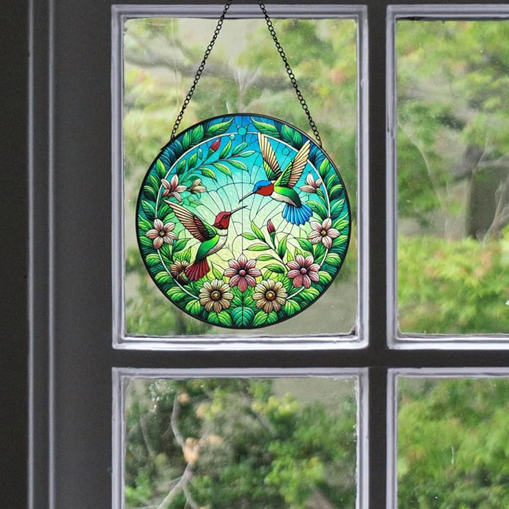Hummingbird and Flowers Sun Catcher Decoration Stained Glass Window Hanging