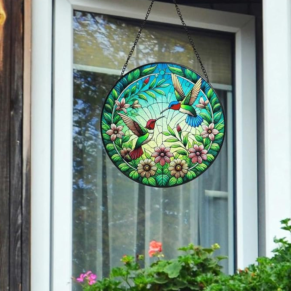Hummingbird and Flowers Sun Catcher Decoration Stained Glass Window Hanging