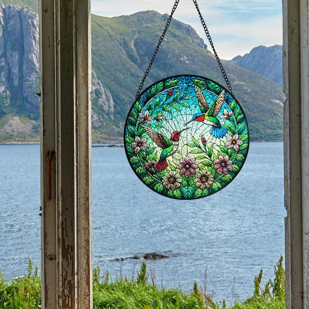 Hummingbird and Flowers Sun Catcher Decoration Stained Glass Window Hanging
