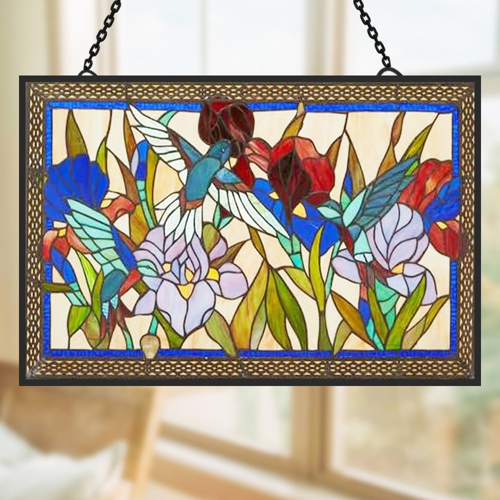 Hummingbird and Flowers Sun Catcher Decoration Stained Glass Window Hanging