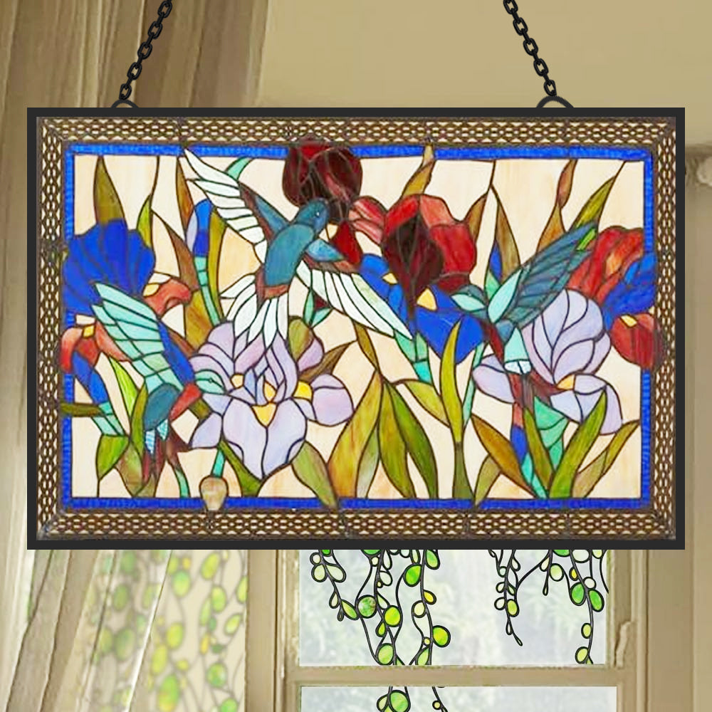 Hummingbird and Flowers Sun Catcher Decoration Stained Glass Window Hanging