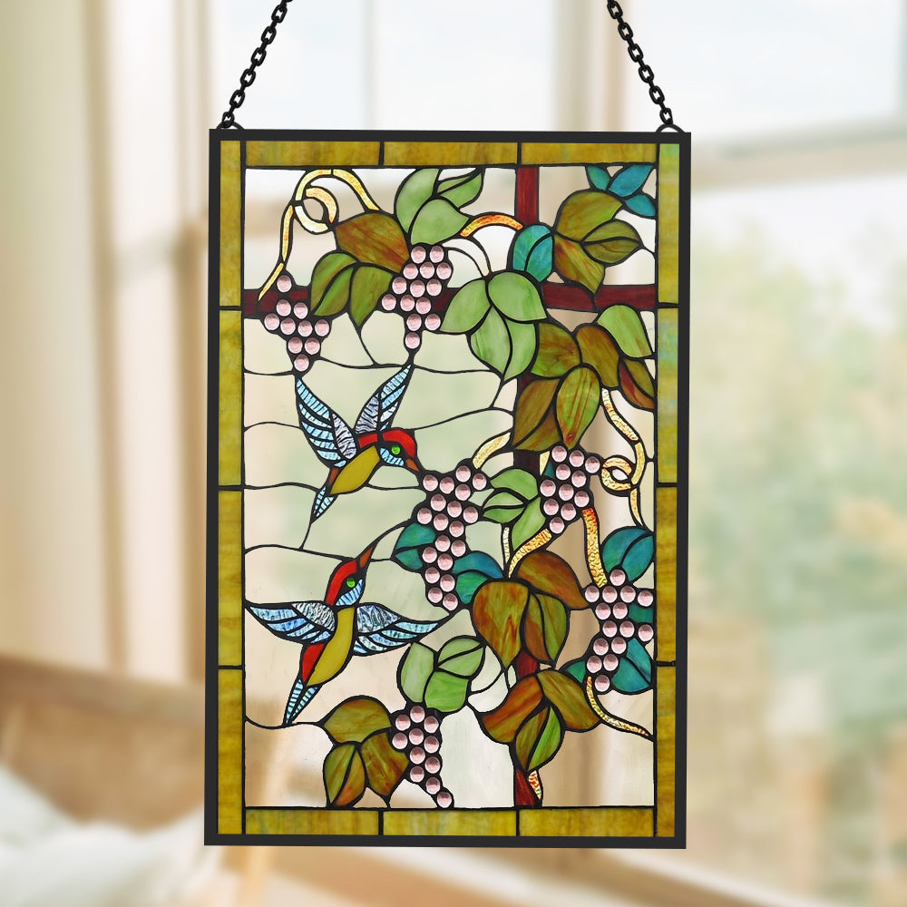 Hummingbird and Grape Trellis Sun Catcher Decoration Stained Glass Window Hanging