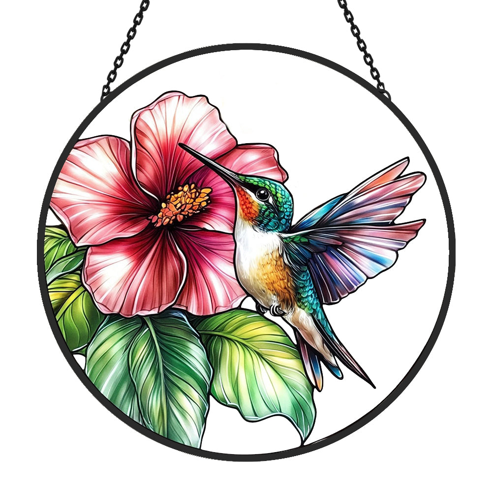 Hummingbird and Hibiscus Sun Catcher Decoration Stained Glass Window Hanging