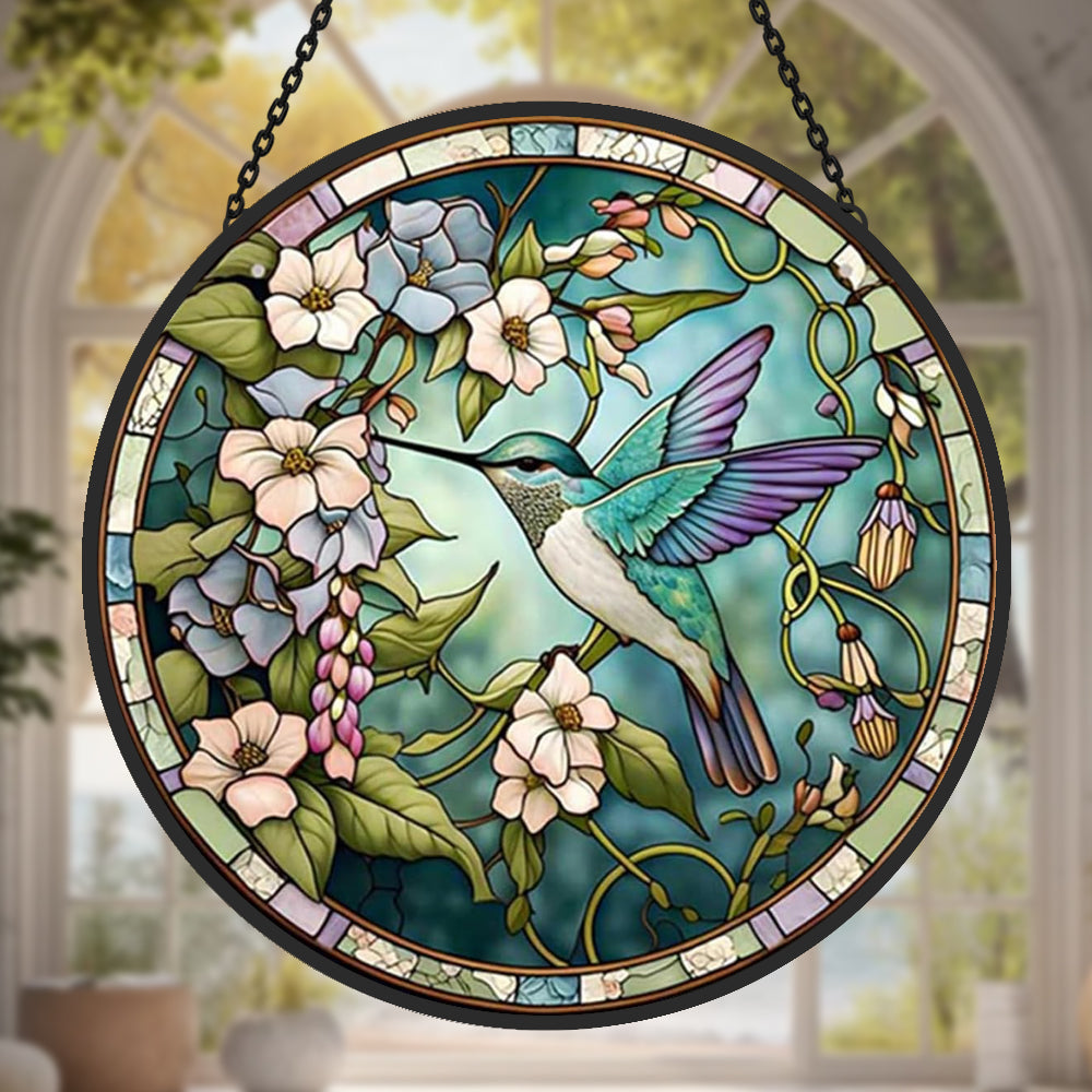 Hummingbirds and Flowers Sun Catcher Decoration Stained Glass Window Hanging