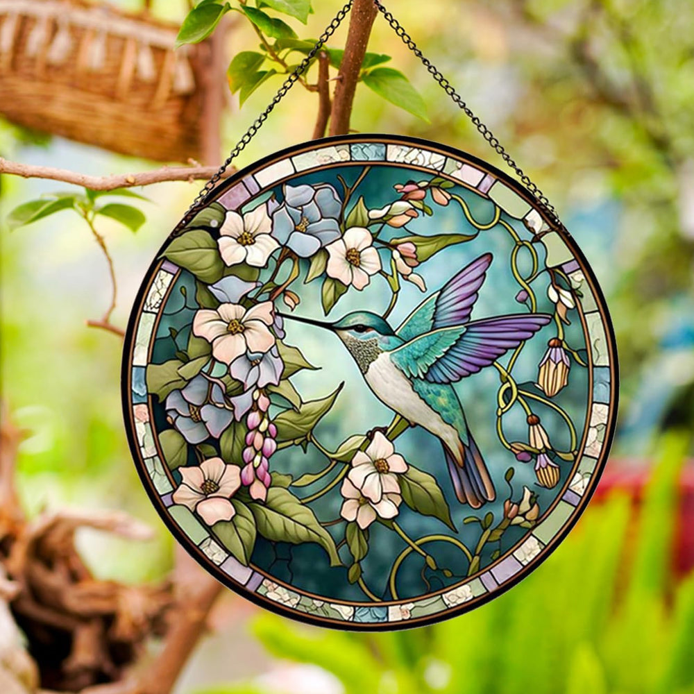 Hummingbirds and Flowers Sun Catcher Decoration Stained Glass Window Hanging