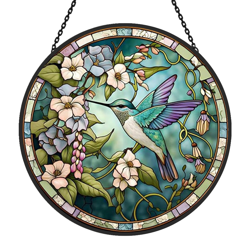 Hummingbirds and Flowers Sun Catcher Decoration Stained Glass Window Hanging