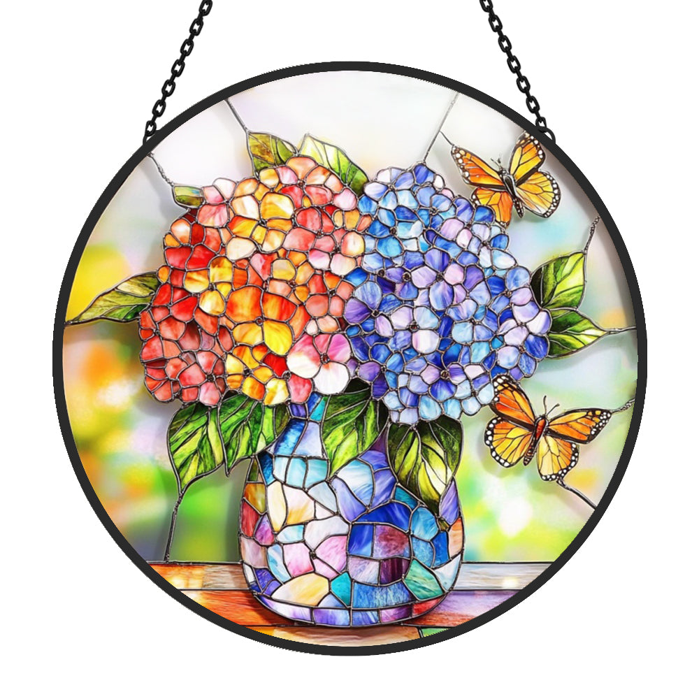 Hydrangea and Butterfly Sun Catcher Decoration Stained Glass Window Hanging