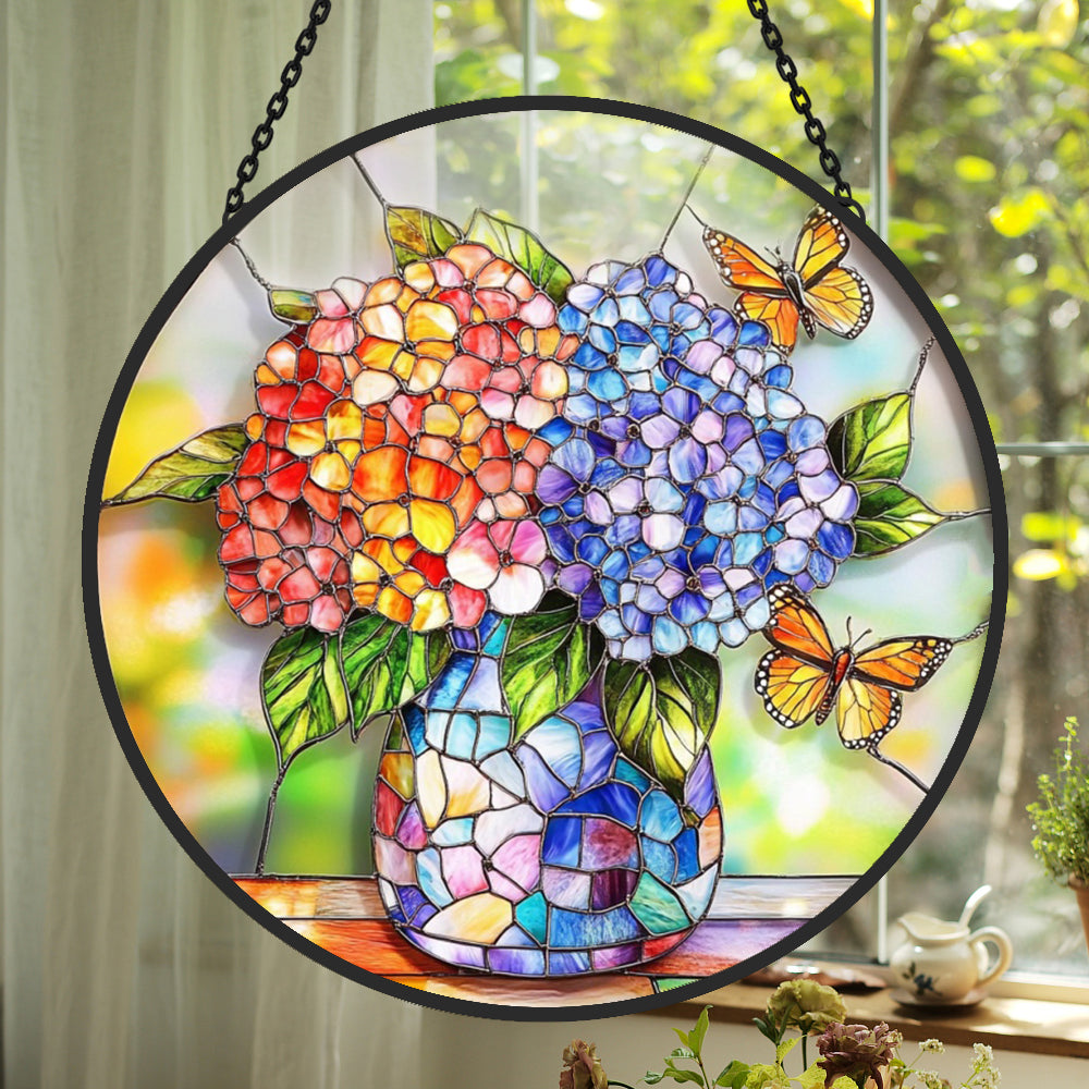 Hydrangea and Butterfly Sun Catcher Decoration Stained Glass Window Hanging