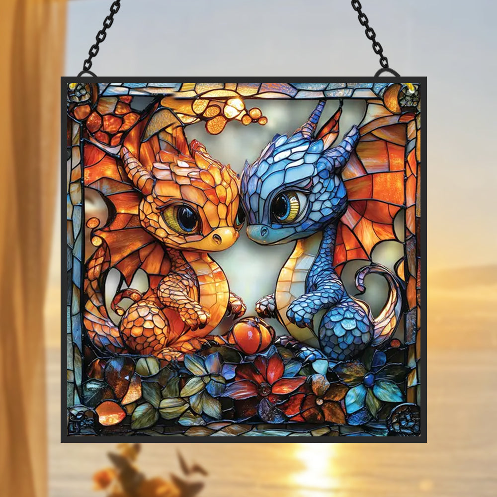 Ice and Fire Dragon Sun Catcher Decoration Stained Glass Window Hanging
